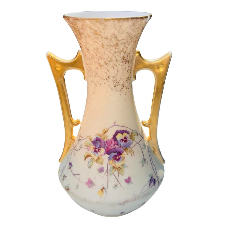 Hand Painted Pansies Two Handle Vase Gold Trim Imperial Austria Victorian FLAWED